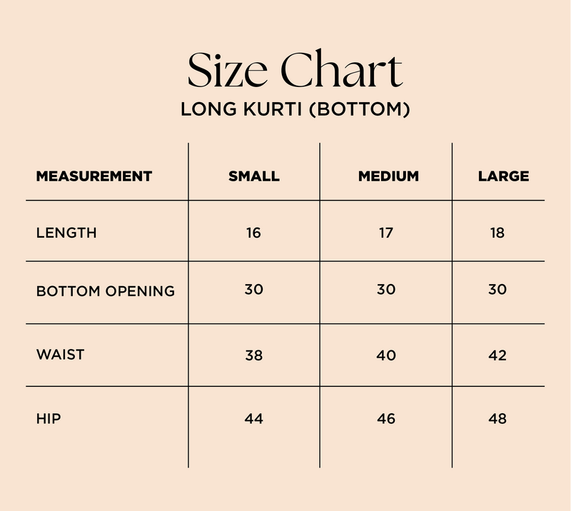 Size chart for Linen Shorts