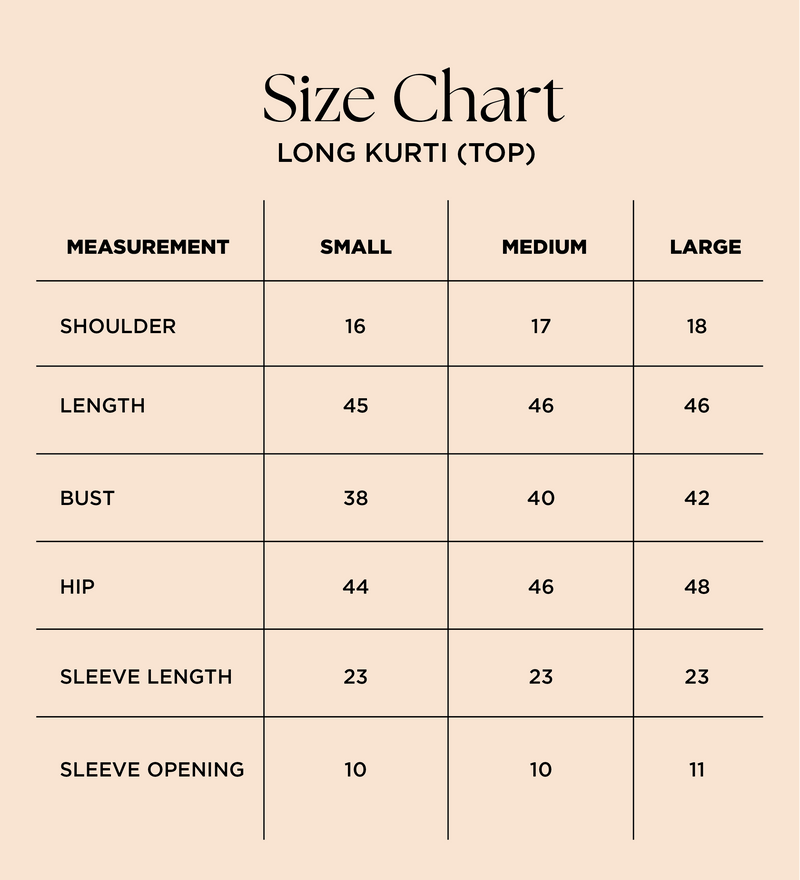 Size chart for Moonlight Skirt